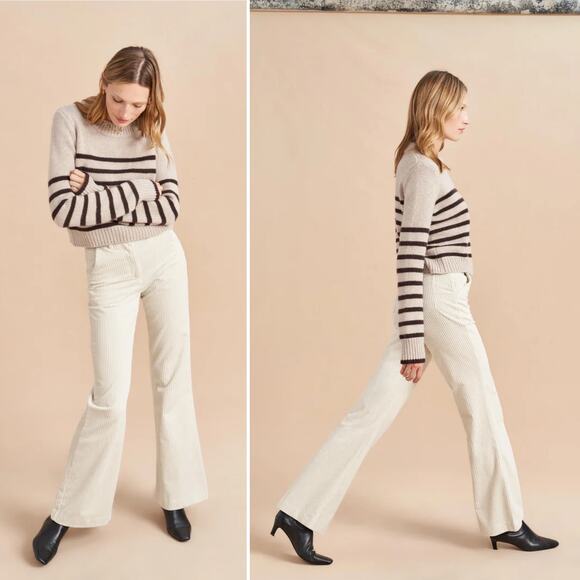 LA LIGNE Reece Trouser Ivory Size 2 Cream Corduroy Pant High Rise Wide Leg Chic - Picture 2 of 16